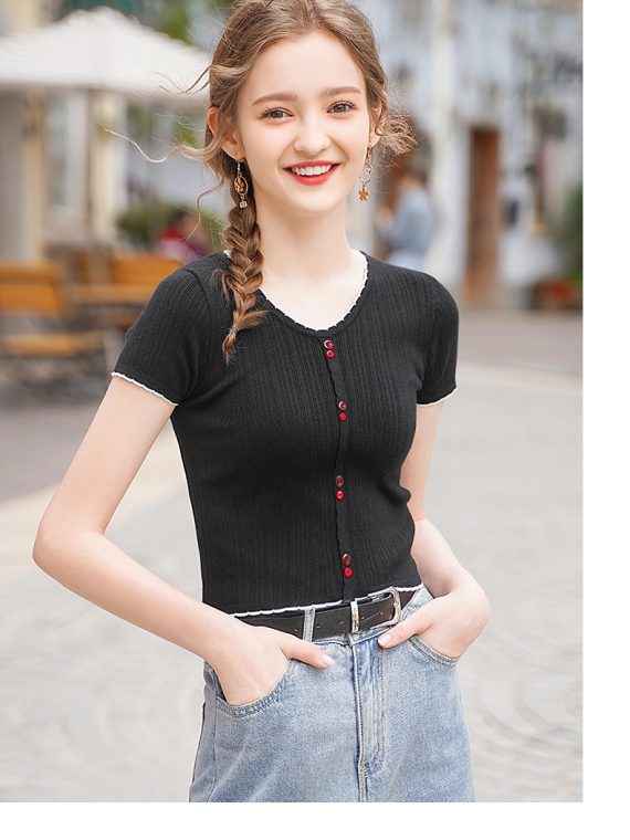 Women Knitted Buttoned Up Cute Crop Top in V-Neck 2
