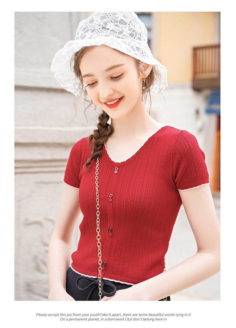 Women Knitted Buttoned Up Cute Crop Top in V-Neck 4
